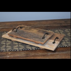 WOOD TRAY WITH IRON HANDLES SET OF 2